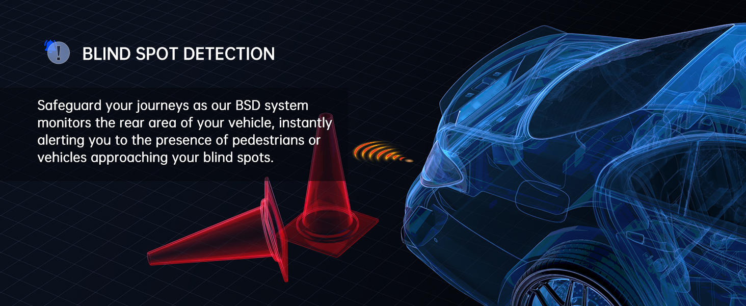Illustration of a car's blind spot detection system. Blue outline of a car with red triangular warning symbols, demonstrating the technology's function in alerting drivers.
