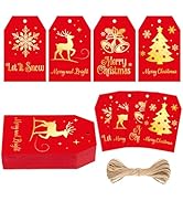 G2PLUS 60Pcs Christmas Gift Tags with String - Red and Gold Merry Christmas Paper Tags, 4 Designs...