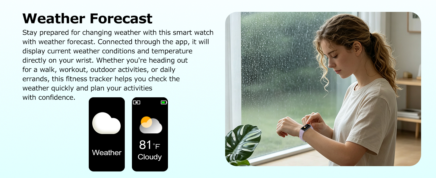Fitness tracker watch with weather forecast display for outdoor activities and daily planning