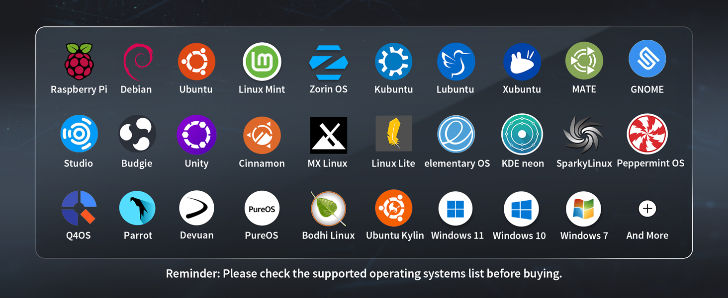 Logos of Linux Distros Supported by the Adapter Including Ubuntu Debian Raspberry Pi and More