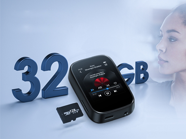 Portable media player with screen displaying music controls. Large '32GB' text, micro SD card, and partial view of a person's face in background.