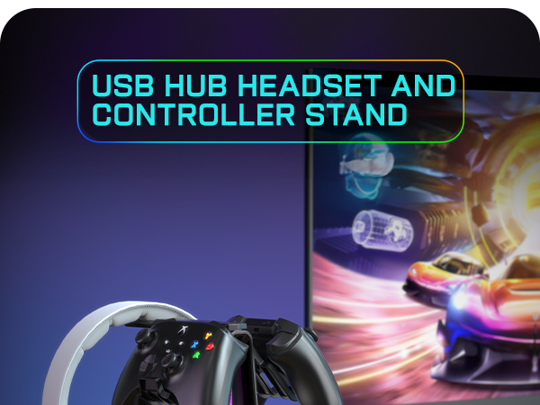 RGB Gaming Headphones Stand with 12 Light Modes, Controller Holder with 2 USB Charging Ports