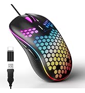 MELOGAGA Honeycomb Wired Gaming Mouse, USB/USB-C PC Game Mice with RGB Backlight, 6 Programmable ...