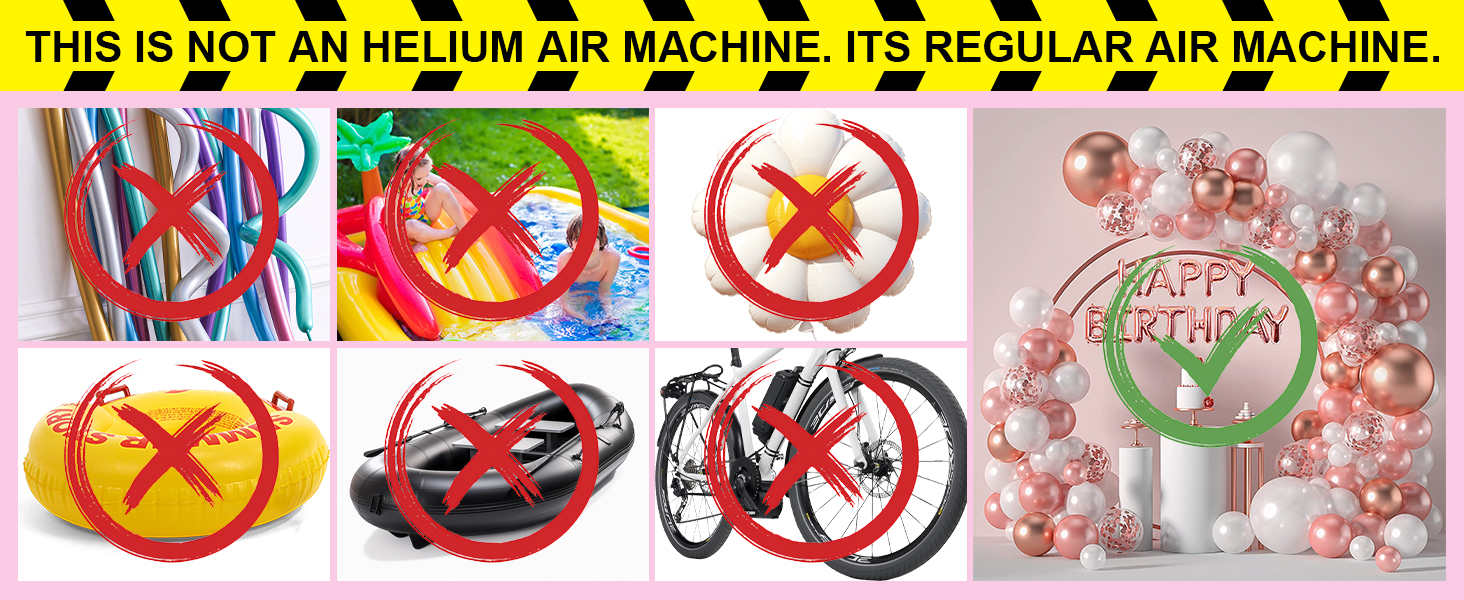 Electric balloon pump for air use only, not for helium, showing correct and incorrect usage