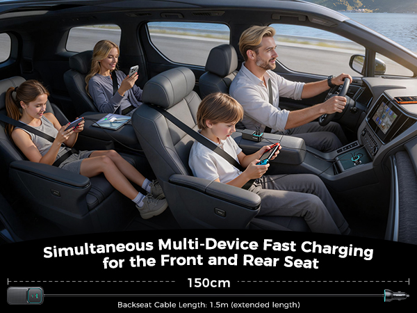Text reads: 'Simultaneous Multi-Device Fast Charging for the Front and Rear Seat'. Interior car view showing multiple device charging capabilities for passengers.