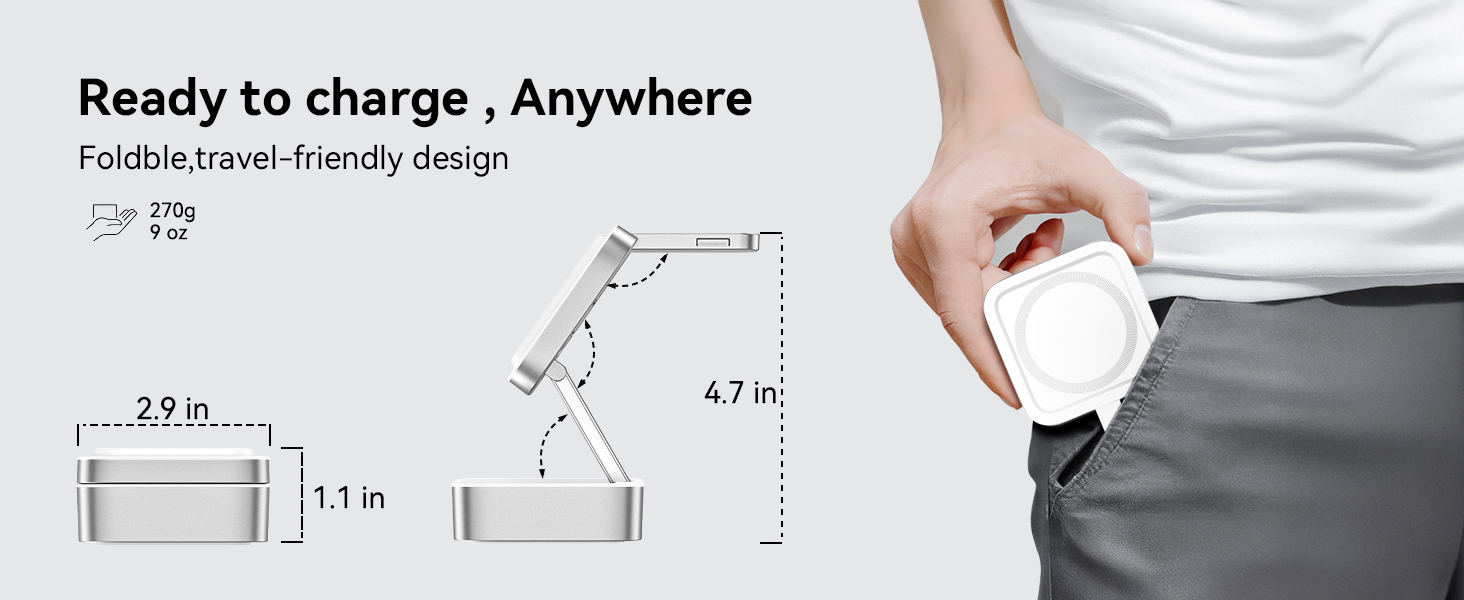 Text reads 'Ready to charge, Anywhere', 'Portable and Travel Friendly'. White portable charger product photographed with dimensional measurements and hand demonstration showing compact size for travel use.