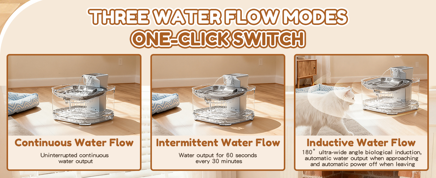Three pet fountain modes: Continuous, Intermittent, and Smart Inductive.