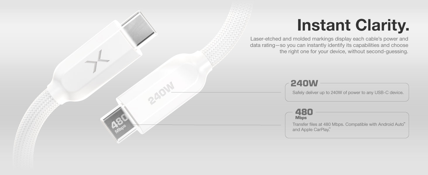Laser-etched wattage and data icons for easy identification of USB C cable performance
