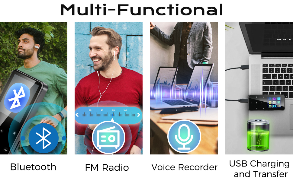 Multi-Functional. Bluetooth, FM Radio, Voice Recorder, USB Charging and Transfer