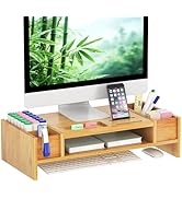 Ufine Bamboo Monitor Stand with Storage Compartments Ergonomic Computer Laptop Riser Small Space ...