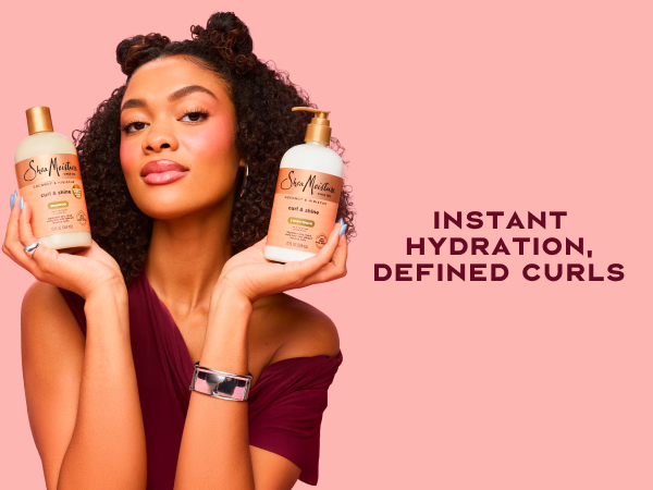 Image of a woman with curly hair holding shampoo &amp; conditioner bottles, next to text.