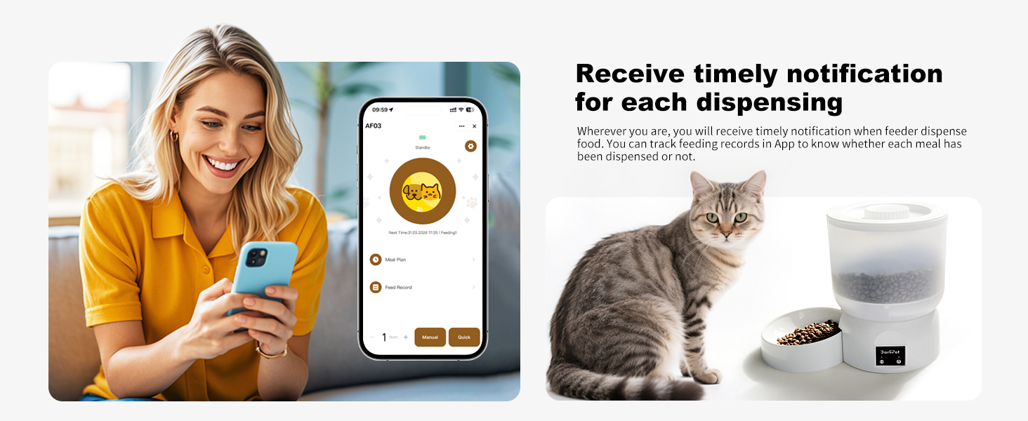 Darlipet WiFi auto cat feeder receive timely notification for each dispensing