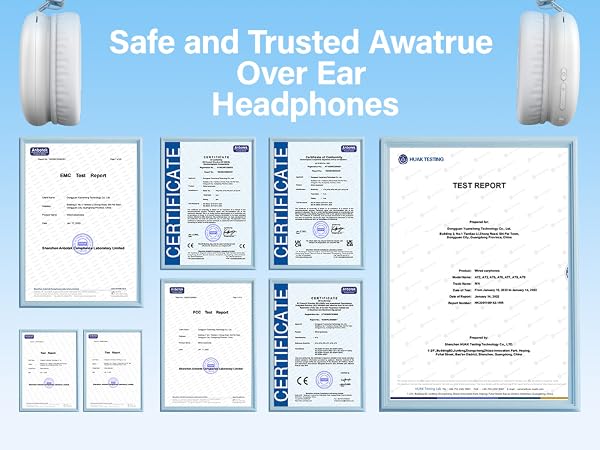 Multiple certification and test report documents for Awatrue over-ear headphones, showcasing safety and quality assurance credentials.