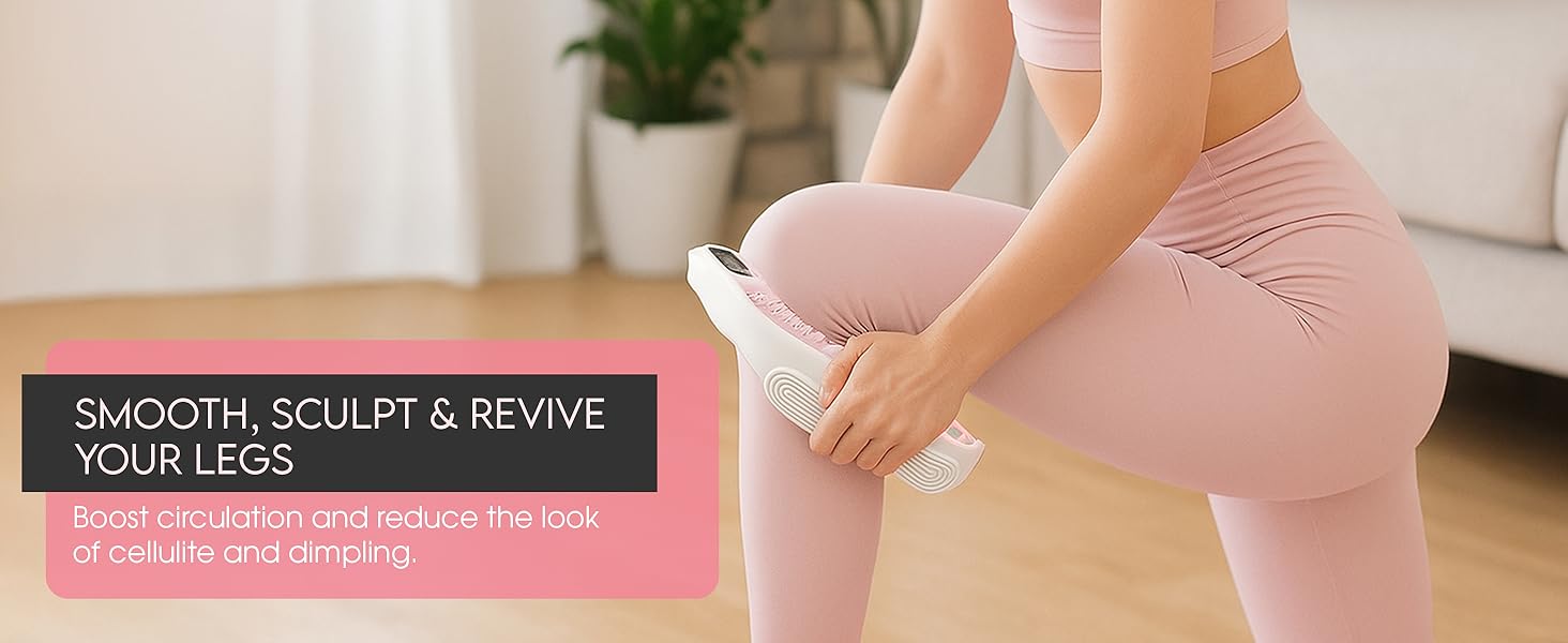 person using deep tissue anti cellulite massage roller on calves