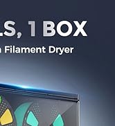 Partial view of a product box for a filament dryer. Shows text 'S, 1 BOX' and 'Filament Dryer' with a blue illuminated edge visible.