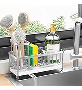 Cisily Sponge Holder for Kitchen Sink, Stainless Steel Silver Sink Caddy with High Brush Holder, ...