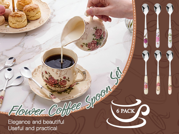 6 Pcs Stainless Steel &amp;amp; Porcelain Handle Tea Spoons
