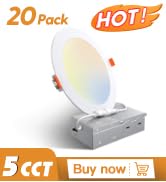 Amico 20 Pack 6 Inch 5CCT Ultra-Thin LED Recessed Ceiling Light with Junction Box, 2700K/3000K/35...