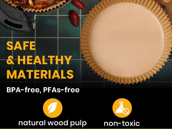 Round air fryer parchment paper liners provide non stick performance and oil control.