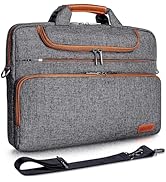 Grey laptop briefcase with brown leather trim, multiple compartments, shoulder strap, and professional design.