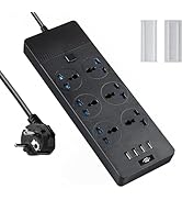 European Power Strip, Jumpso Universal Power Strip with 6 AC Outlets and 4 USB Ports, 110-240v, 3...