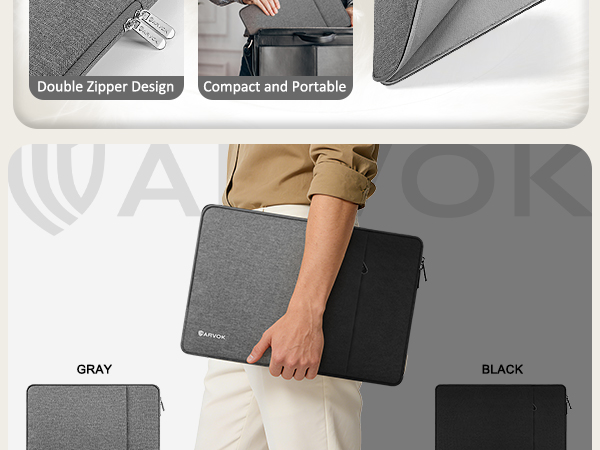 Product images showing laptop sleeve or case in gray and black color options. Features double zipper design and compact, portable form factor.