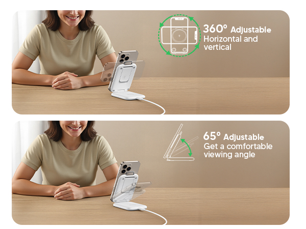 Text reads '360° Adjustable horizontal and vertical' and '45° Adjustable Get a comfortable viewing angle'. Product demonstration showing adjustable phone holder positions.