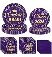 Purple and Gold Graduation Paper Plates and Napkins Serve 50, Polka Dots Graduation Decorations C...