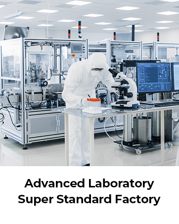 Modern laboratory interior with automated equipment, robotic arms, and computer monitors. Clean, white environment with 'Advanced Laboratory Super Standard Factory' text.