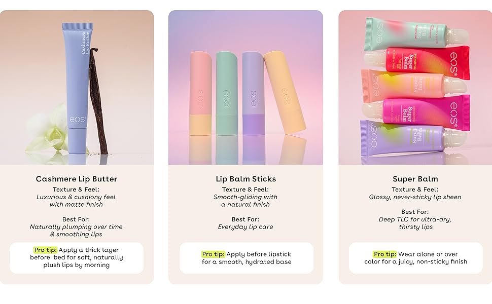 eos lip balm formats cashmere lip butter lip balm sticks and super balm