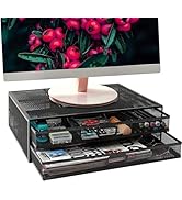 MINDEPOT Computer Monitor Stands with Drawers, Metal Mesh Desktop Monitor Riser, Desk Storage Org...