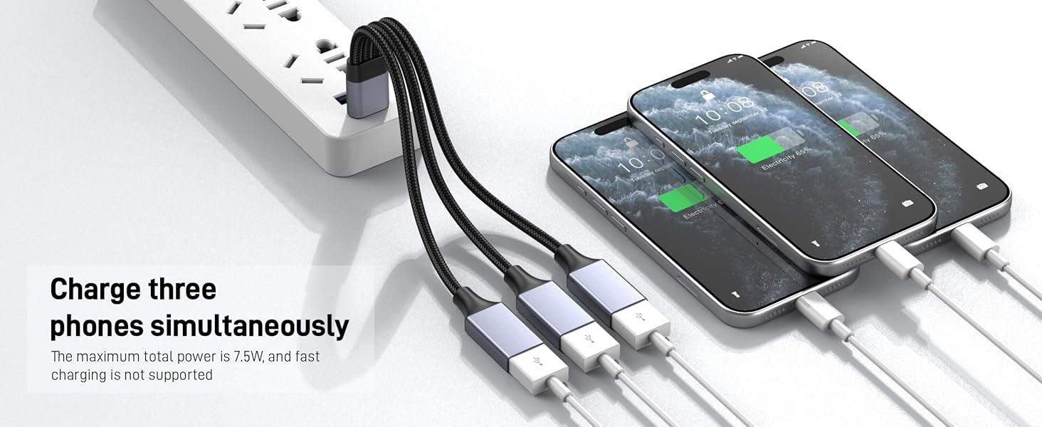 Text visible: 'phones simultaneously'. Multiple images showing a multi-port charging cable connected to several smartphones charging at once.