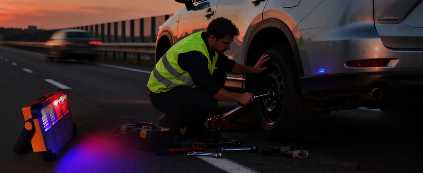 Driver changing tire on roadside at sunset with SOS strobe work light flashing red blue