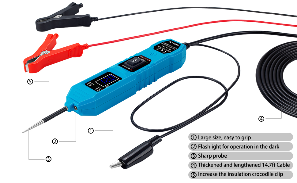 Large size Automotive voltage tester backlight display with sharp probe,extended long 14.7ft leads