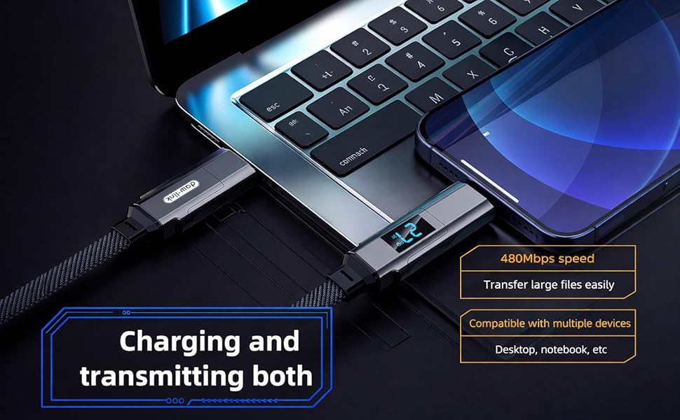 4-in-1 fast charging cable connected to compatible smartphones, tablets,
