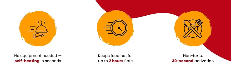 Icons illustrating no equipment needed up to 2 hours of heat and non toxic 30 second activation