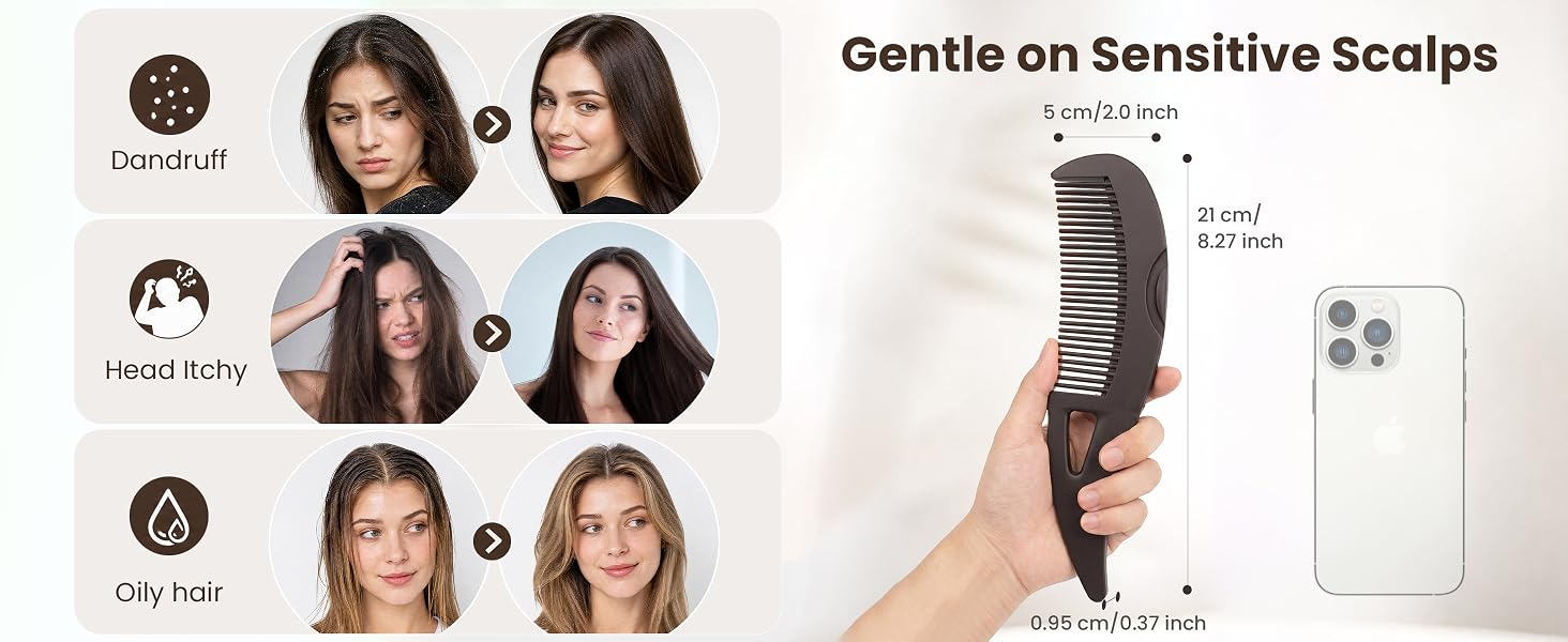 Dandruff comb before and after results for itchy scalp, oily hair, with size measurements.