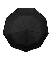 Large black umbrella with automatic open/close mechanism, shown fully extended. Features a sturdy frame and classic curved handle design.