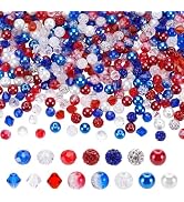 PH PandaHall 390pcs 8mm Patriotic Beads for 4th of July, 5 Style Red White and Blue Beads Round G...