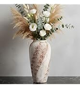 DecoVlog Vintage Ceramic Vase, Minimalist Texture Stone Patterned White Flower Vase, Decorative V...