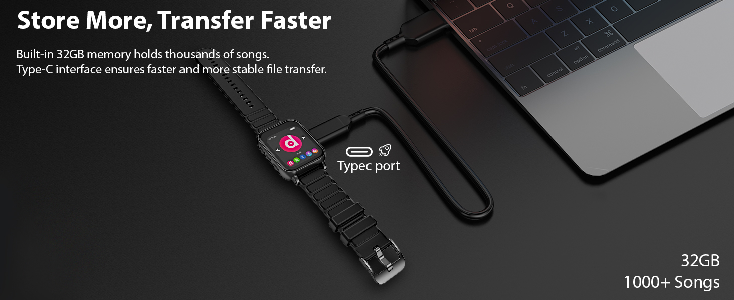 32GB Wearable MP3 with Type-C Fast Sync, Holds 1000+ Songs, Sports Walkman for PC Laptop Transfer