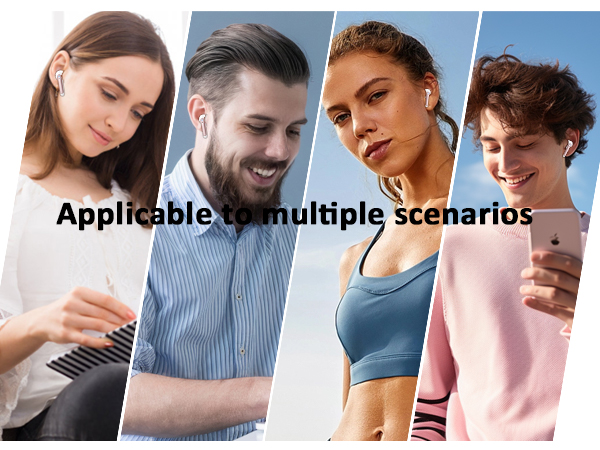 Four-panel lifestyle image showing different scenarios: piano playing, office work, exercise, and mobile phone use, with text 'Applicable to multiple scenarios'.