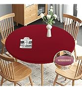 Obstal Fitted Round Red Table Cloth, Reversible Waterproof Stain Resistant Elastic Stretch Tablec...