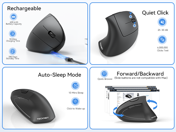 rechargeable, quiet click, auto sleep, side button