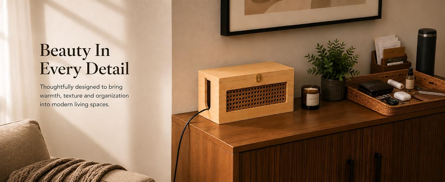 Elegant wooden cable management box styled on a modern console, blending naturally with home décor.