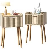 LAATOOREE Nightstand Set of 2, Small Bed Side Table with Fluted Door, End Table with Solid Wood L...