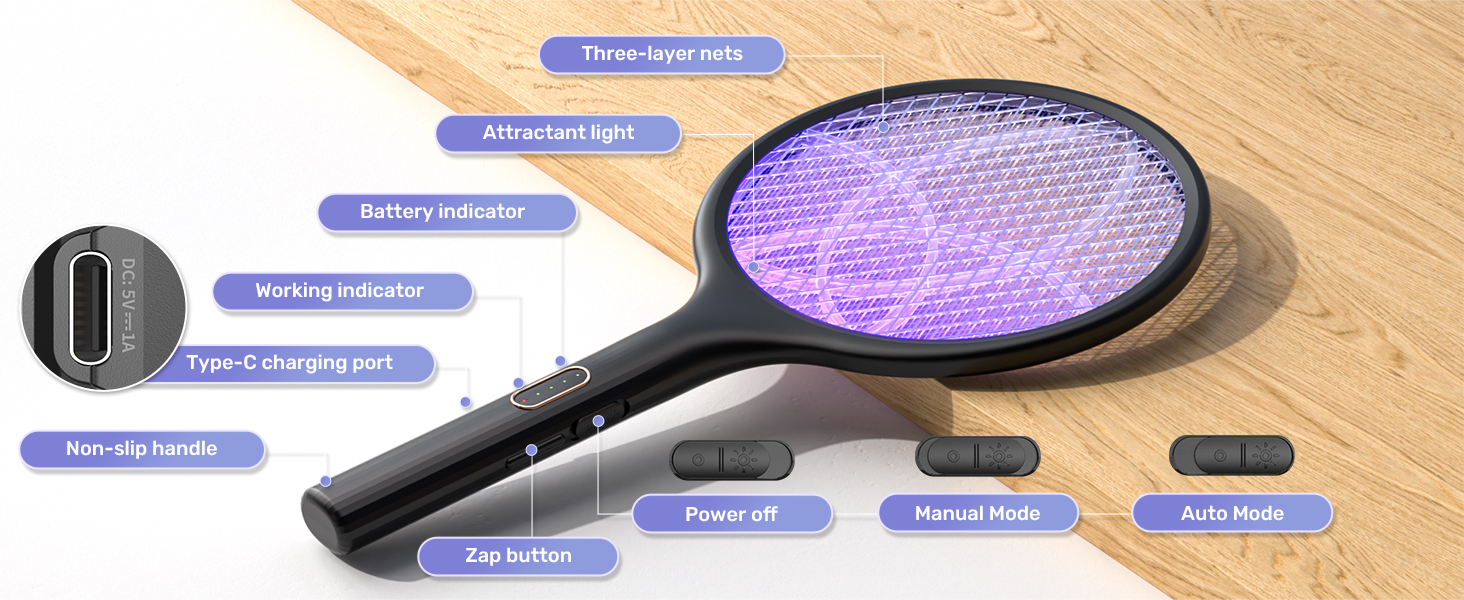 Electric Fly Swatter 4000V Bug Zapper Racket Dual Modes Mosquito Killer