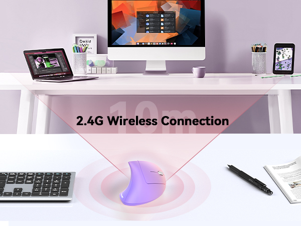 Text reads '2.4G Wireless Connection'. Shows desk setup with computer monitor, keyboard, and purple heart-shaped device demonstrating wireless connectivity.