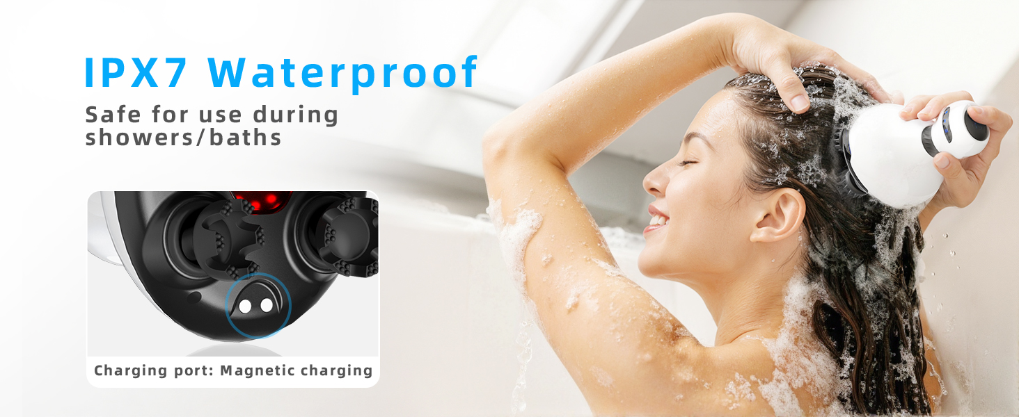 Text reads 'IPX7 Waterproof'. Device being tested in water and underwater scenarios demonstrating waterproof capabilities.