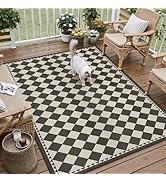HUGEAR 5x7 Outdoor Rug Black/Beige Linen-Look Fabric Checkered Area Rug High Traffic Stain Resist...